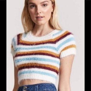Striped fuzzy sweater crop top